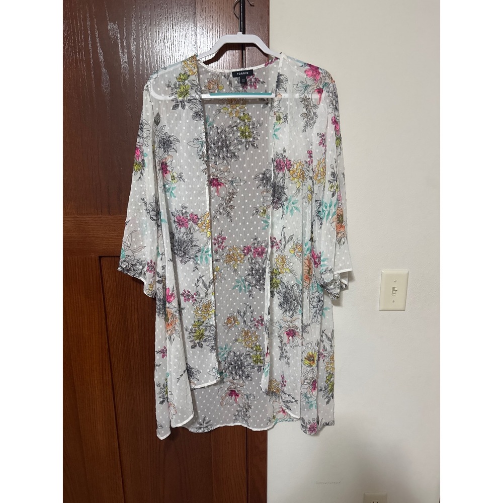 Torrid Womens Sheer Floral Print Kimono Cardigan White Polka Dot Size 1/2